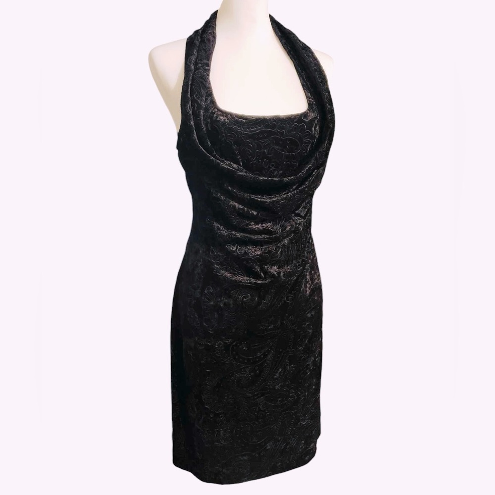 Black Paisley Burnout Velvet Midi Dress • 90s Vintage • Maggy London Size 10